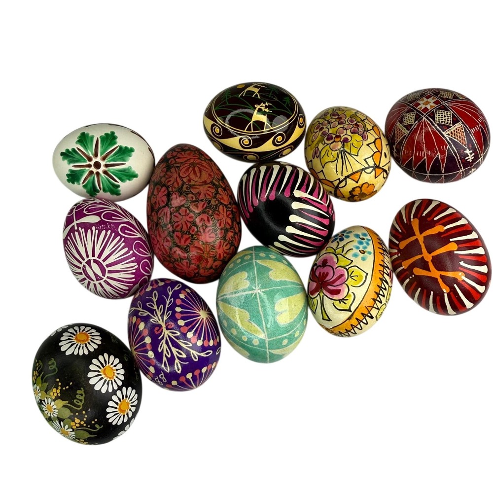 12 Vintage Hand Painted Pysanky Style Easter Eggs Folk Art Wood Shell Signed